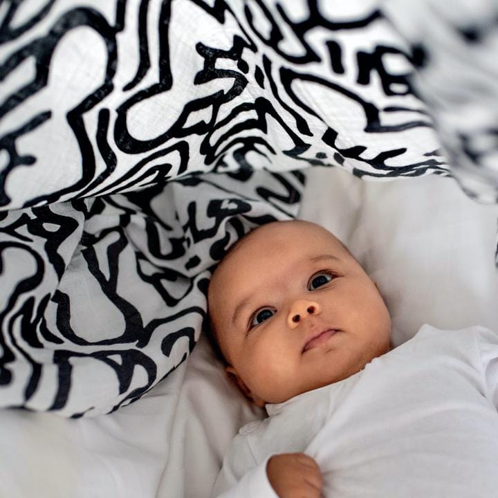 Etta Loves Baby & Toddler > Feeding Accessories > Extra Large Muslin Bamboo Sensory XL Muslin - Keith Haring 'Baby'