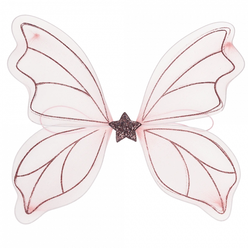 pale pink Fairy Wings Dress Up accessory with two butterfly wings and a glitter star. The wings are worn using elastic straps. For children aged 3 and over.  