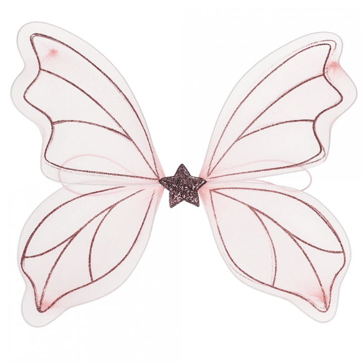 pale pink Fairy Wings Dress Up accessory with two butterfly wings and a glitter star. The wings are worn using elastic straps. For children aged 3 and over.  