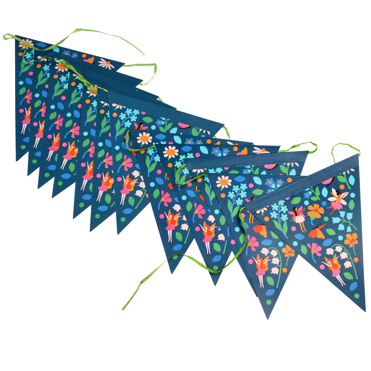 reusable card and paper party bunting with a fairies and flowers design. perfect for kids parties and nursery decor. 