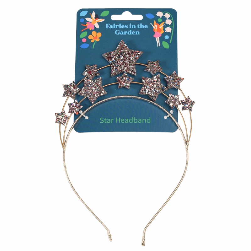 children's sparkly star headband for fairy dress up and role play. It features two bands of glittery stars in a crown design. Presented on a blue floral backing card with fairy design.  For children aged 3 and over. 