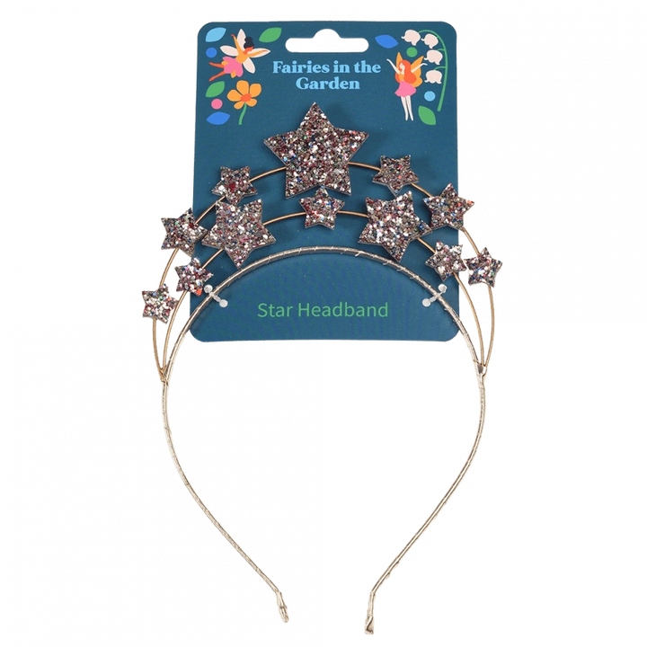 children's sparkly star headband for fairy dress up and role play. It features two bands of glittery stars in a crown design. Presented on a blue floral backing card with fairy design.  For children aged 3 and over. 