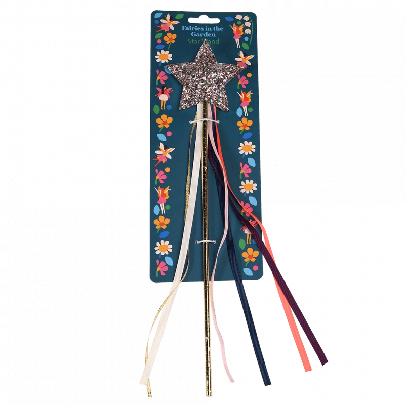 glitter Star Wand  with colourful ribbons on a floral fairy themed backing card. The wand is suitable fro children aged 3 and over. 