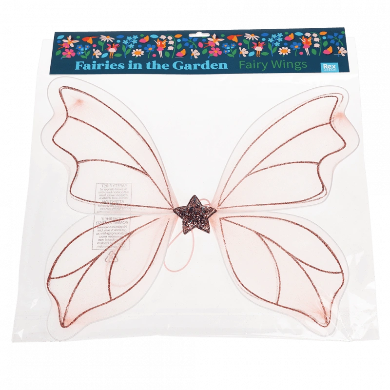 pale pink Fairy Wings Dress Up accessory with two butterfly wings and a glitter star. The wings are in Fairies in the Garden floral packaging. For children aged 3 and over.