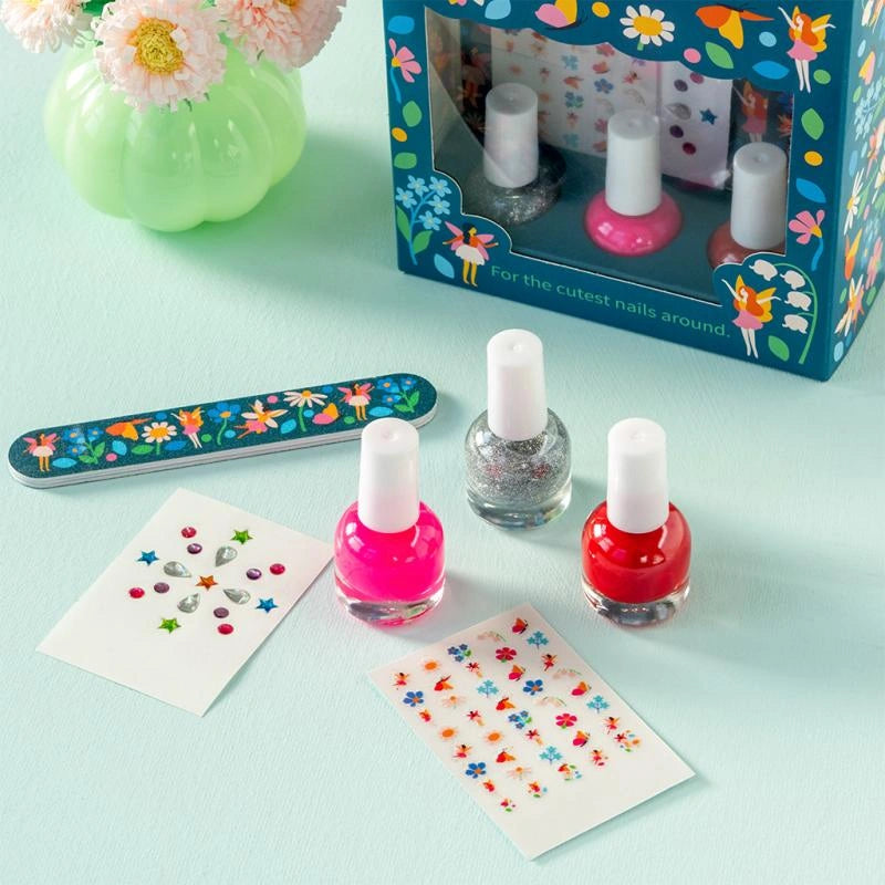 children's nail art and jewellery gift box kit with three peel off nail varnishes in pink, red and silver, nail gems, fairy themed nail stickers and a nail file. 