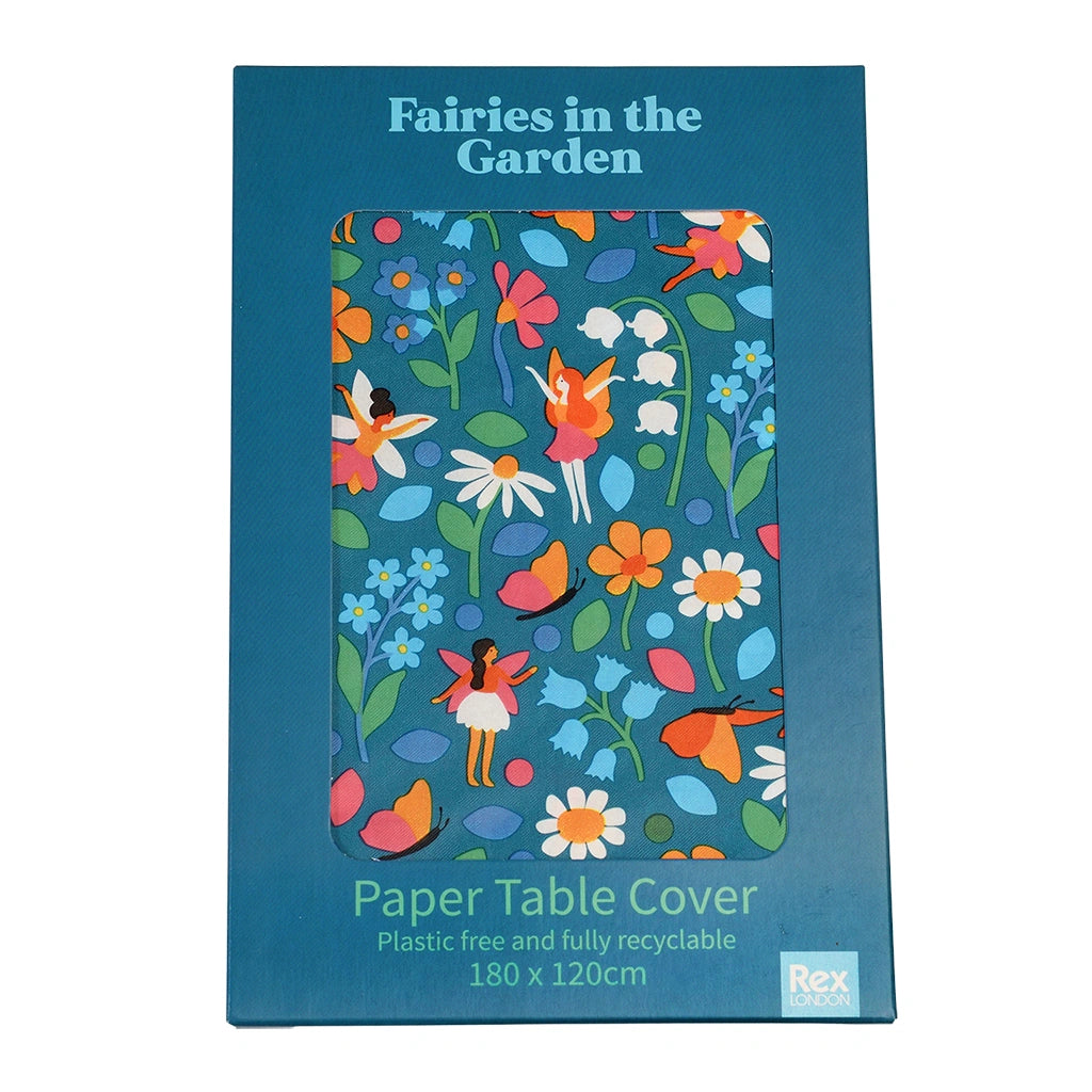blue fairies in the garden table cloth for kids parties. Plastic free and recyclable. 