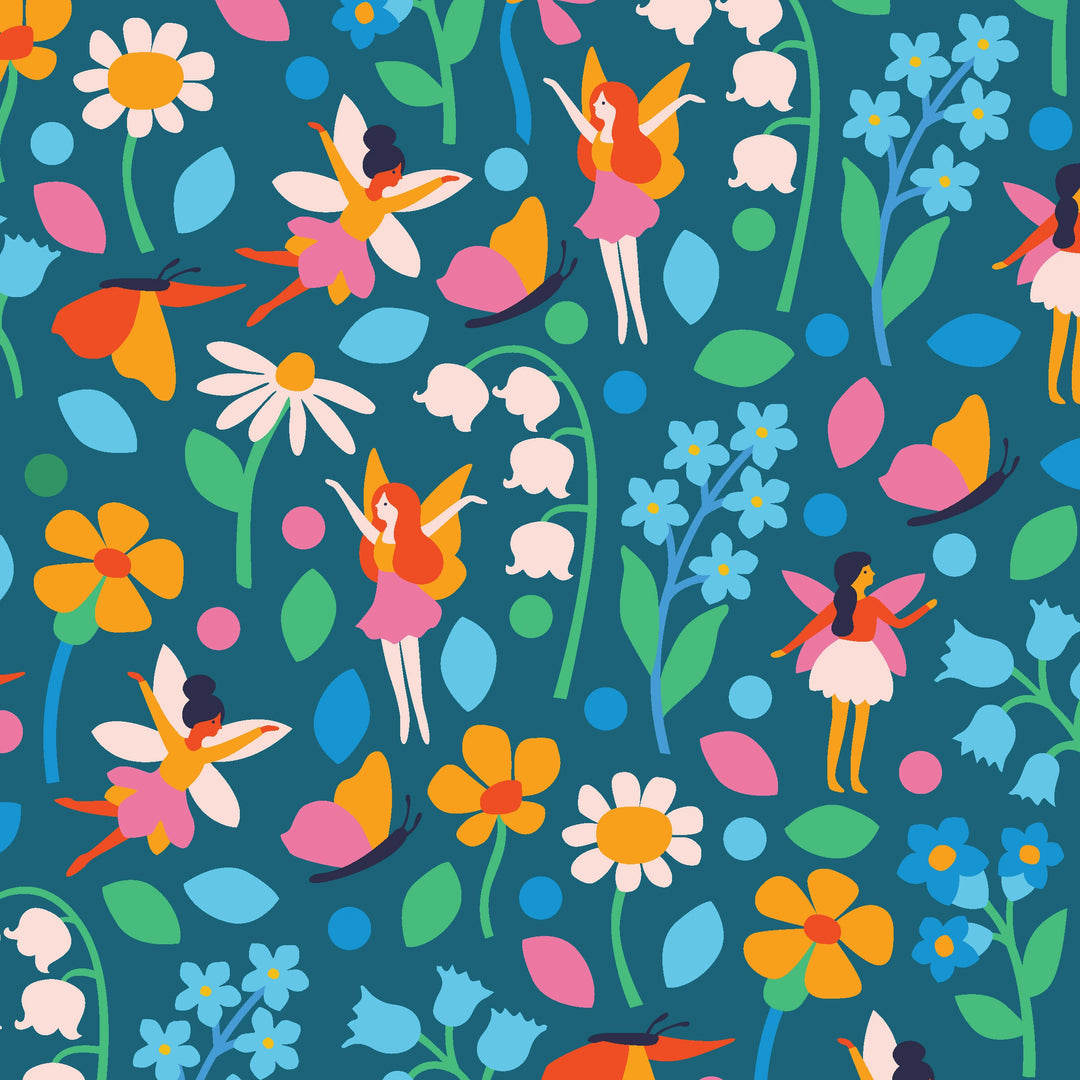 Colourful pattern of fairies and flowers wrapping paper on a blue background