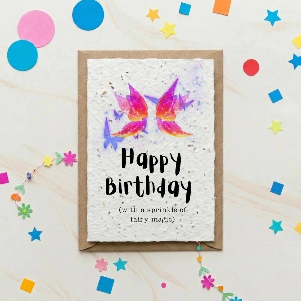 fairy themed happy birthday card with a colourful fairy wing illustration