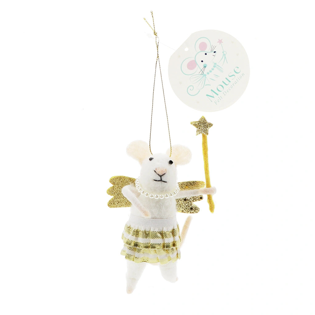 Decorative mouse ornament with gold wings and wand on a white background