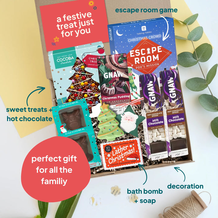 A curated Christmas escape room and family gift box filled with treats, bath bombs, soap, and decorations, surrounded by text callouts on a styled flat-lay background with eucalyptus leaves.