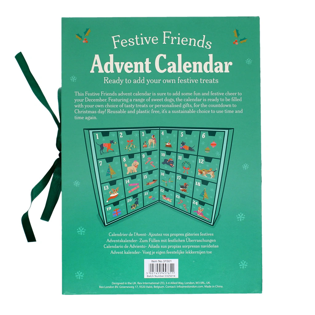 Festive Friends Advent Calendar packaging with green ribbon on a white background