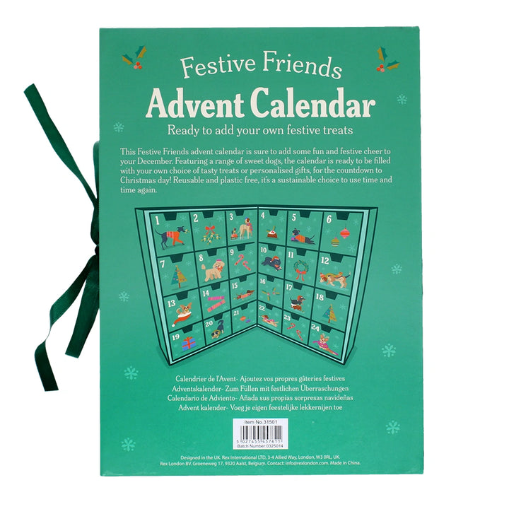 Festive Friends Advent Calendar packaging with green ribbon on a white background