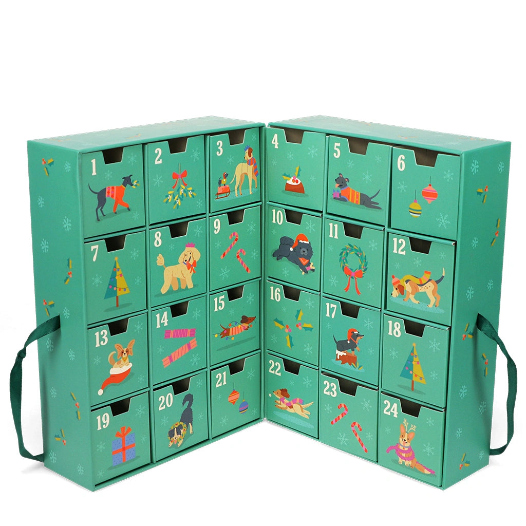 Teal advent calendar with cartoon dog illustrations on a white background