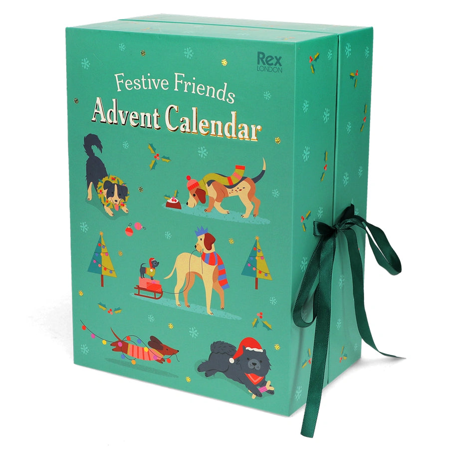 Festive Friends Advent Calendar box with illustrations of dogs and a green ribbon on a white background