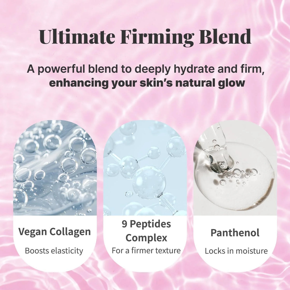 Advertisement for an 'Ultimate Firming Blend' with visuals of collagen, peptides, and panthenol on a pink background.