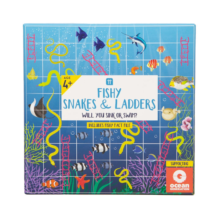 Board game box for 'Fishy Snakes & Ladders' with ocean-themed illustrations on a blue background.