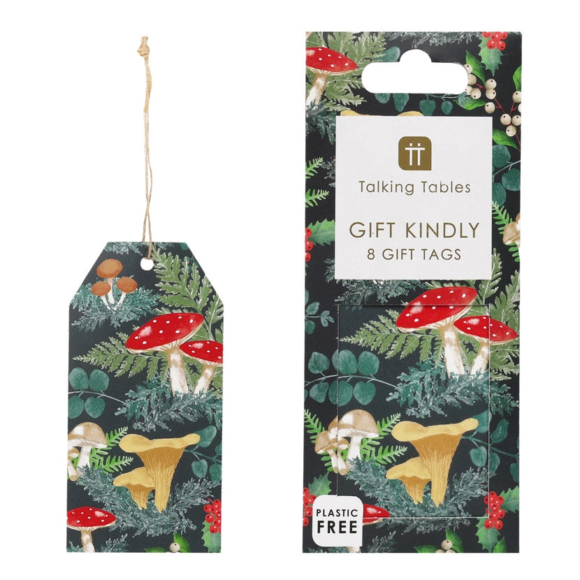 Pack of chritsmas gift tags with forest design and 'Talking Tables' branding.