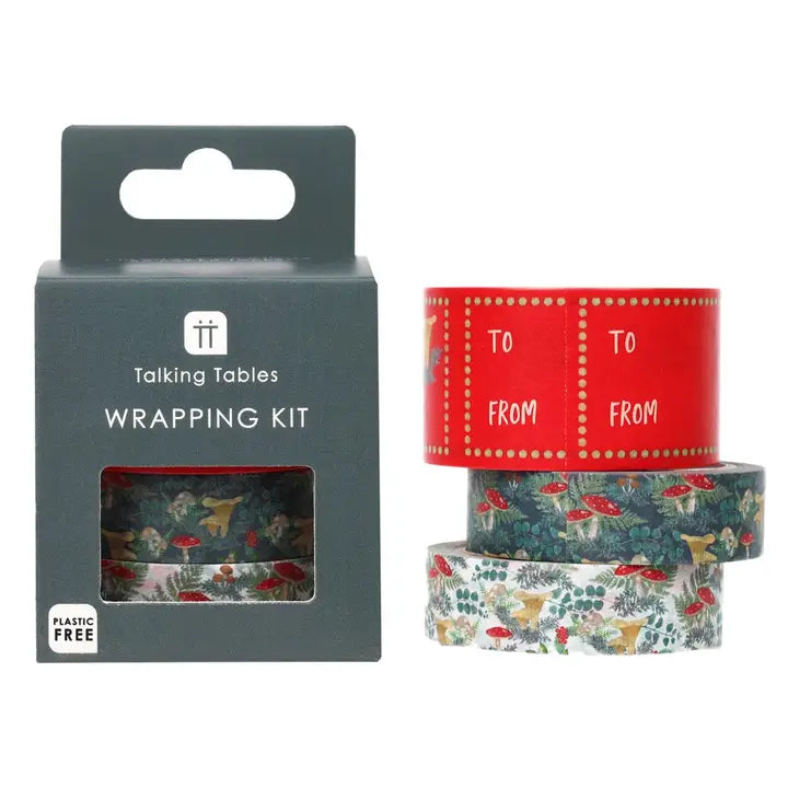 Talking Tables forest christmas paper tape wrapping kit with floral tape and red 'To' and 'From' tape on a white background