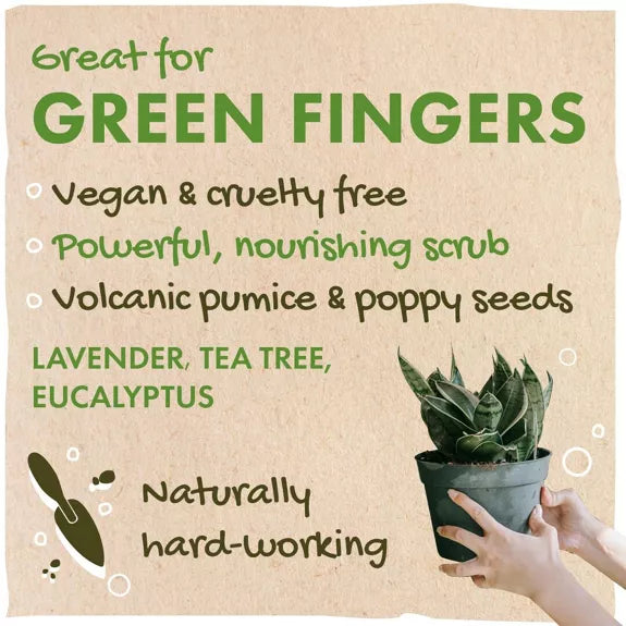 Product packaging for gardener's soap bar with text about a plant-based scrub and a hand holding a potted plant.