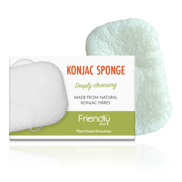 A packaged konjac sponge with its product information displayed, indicating it is made from natural konjac fibers and is deeply cleansing.