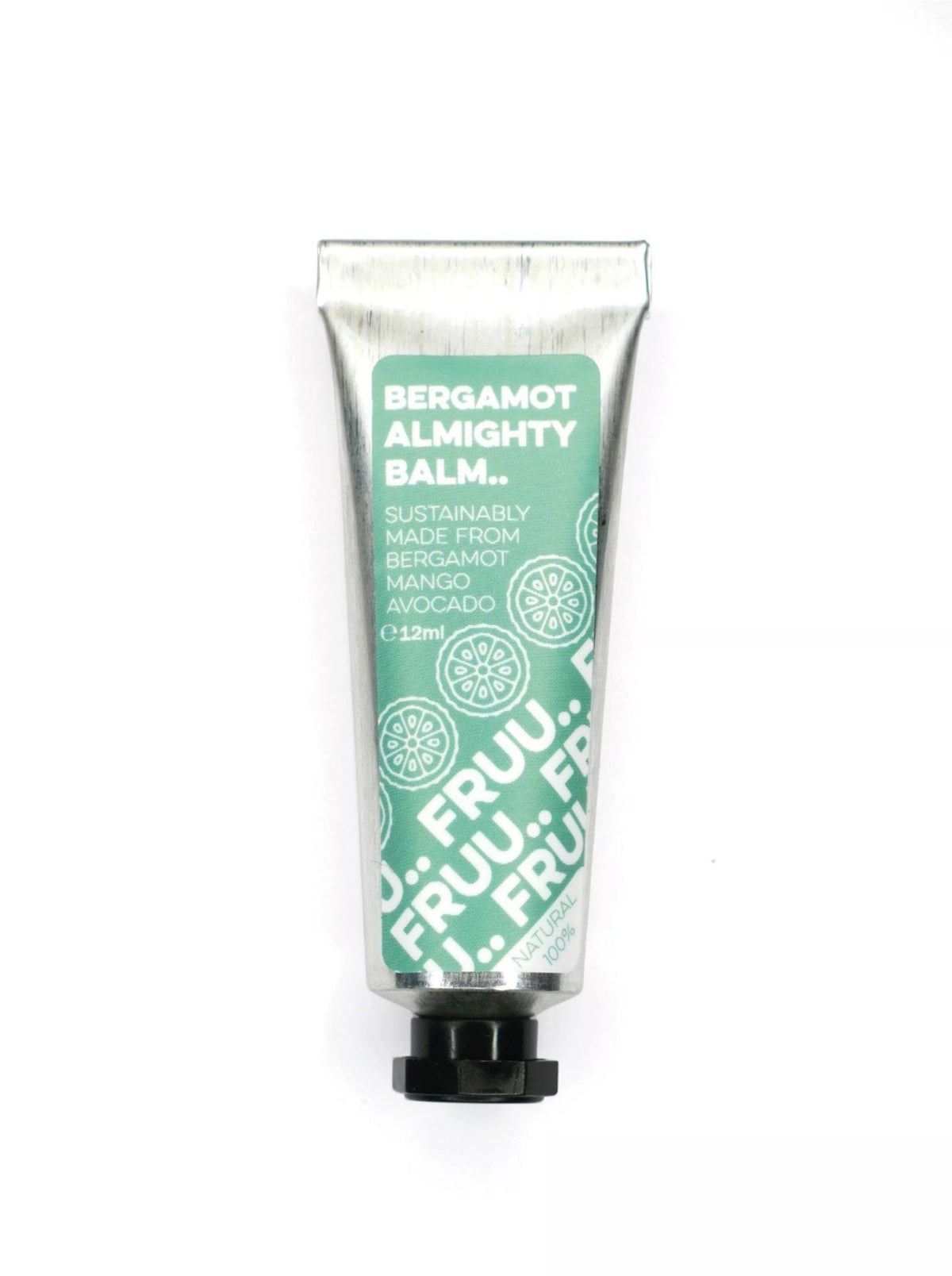 fruu costmetics Bergamot Almighty Balm for dry skin. Packaged in an aluminium tube with a green label. 