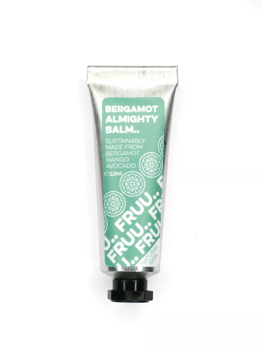 fruu costmetics Bergamot Almighty Balm for dry skin. Packaged in an aluminium tube with a green label. 