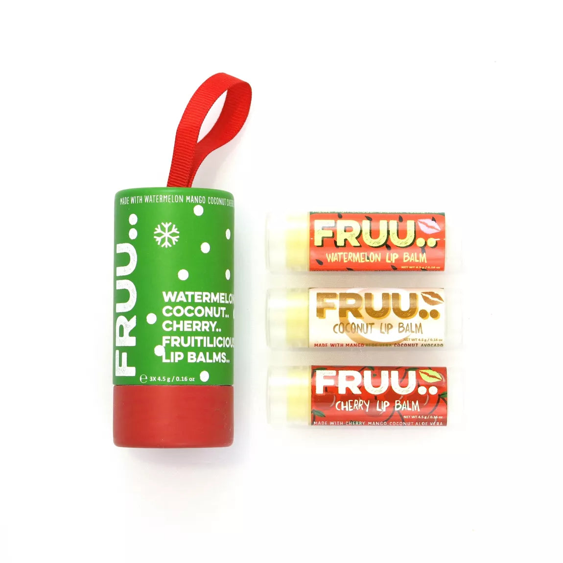 fruu costmetics lip balm trio- three tubes of fruity lip balm and a festive hanging tube 