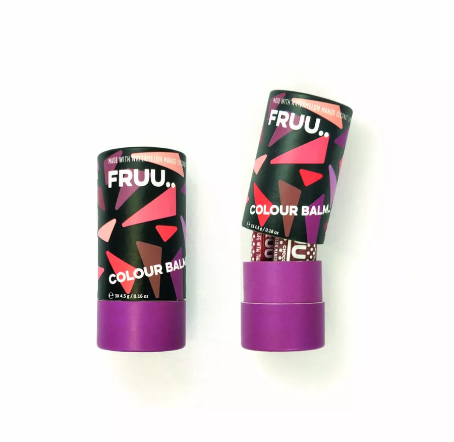 Two FRUU Colour Balm gift tubes with colourful packaging on a white background