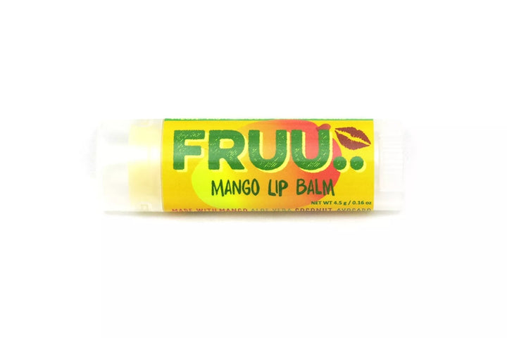 fruu Mango lip balm with 'FRUU' branding on a white background