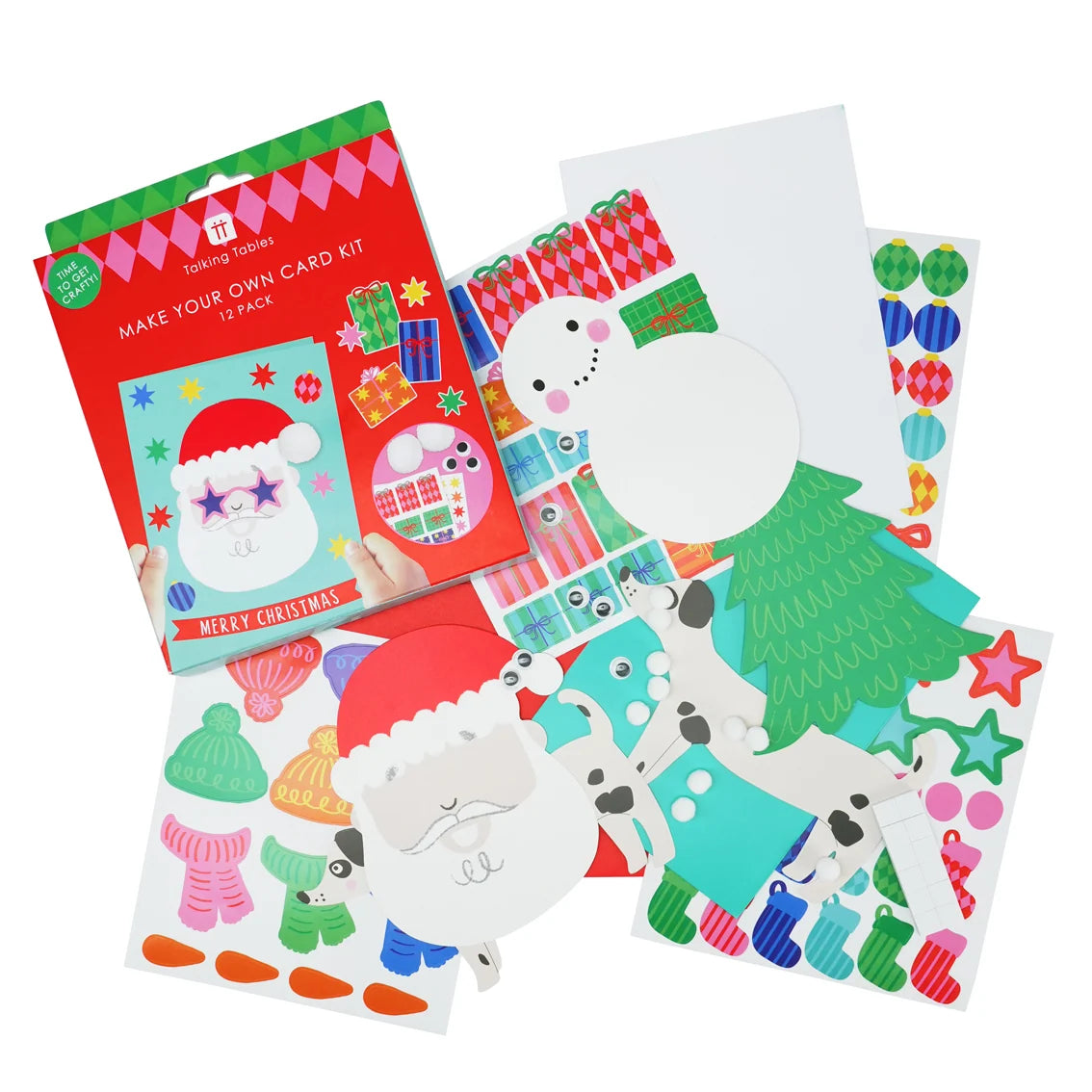 make your own christmas card kit for children with colourful snowman, santa and christmas tree decals, stickers and blank cards. 
