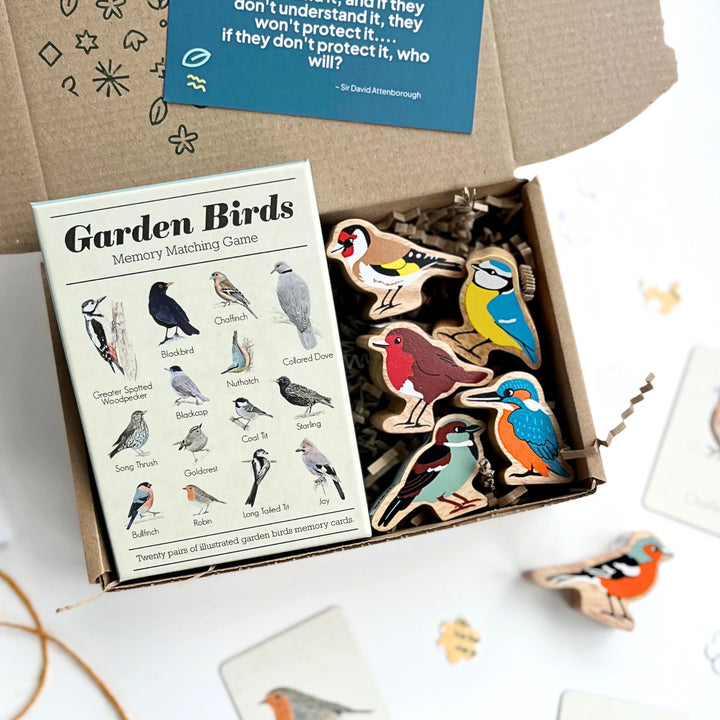 children's gift box including garden birds memory game and even wooden bird play figures. Suitable for kids age 3 and over. 