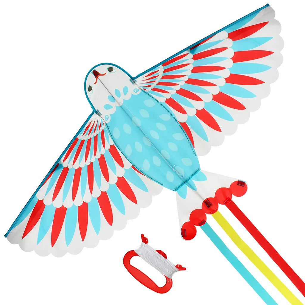 Colourful bird-shaped kite with red, blue, and white colors on a white background