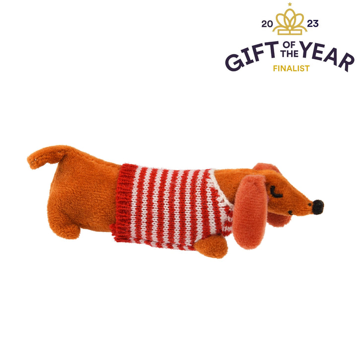 Knitted dog toy with a red and white striped sweater on a white background, featuring 'Gift of the Year' finalist logo.
