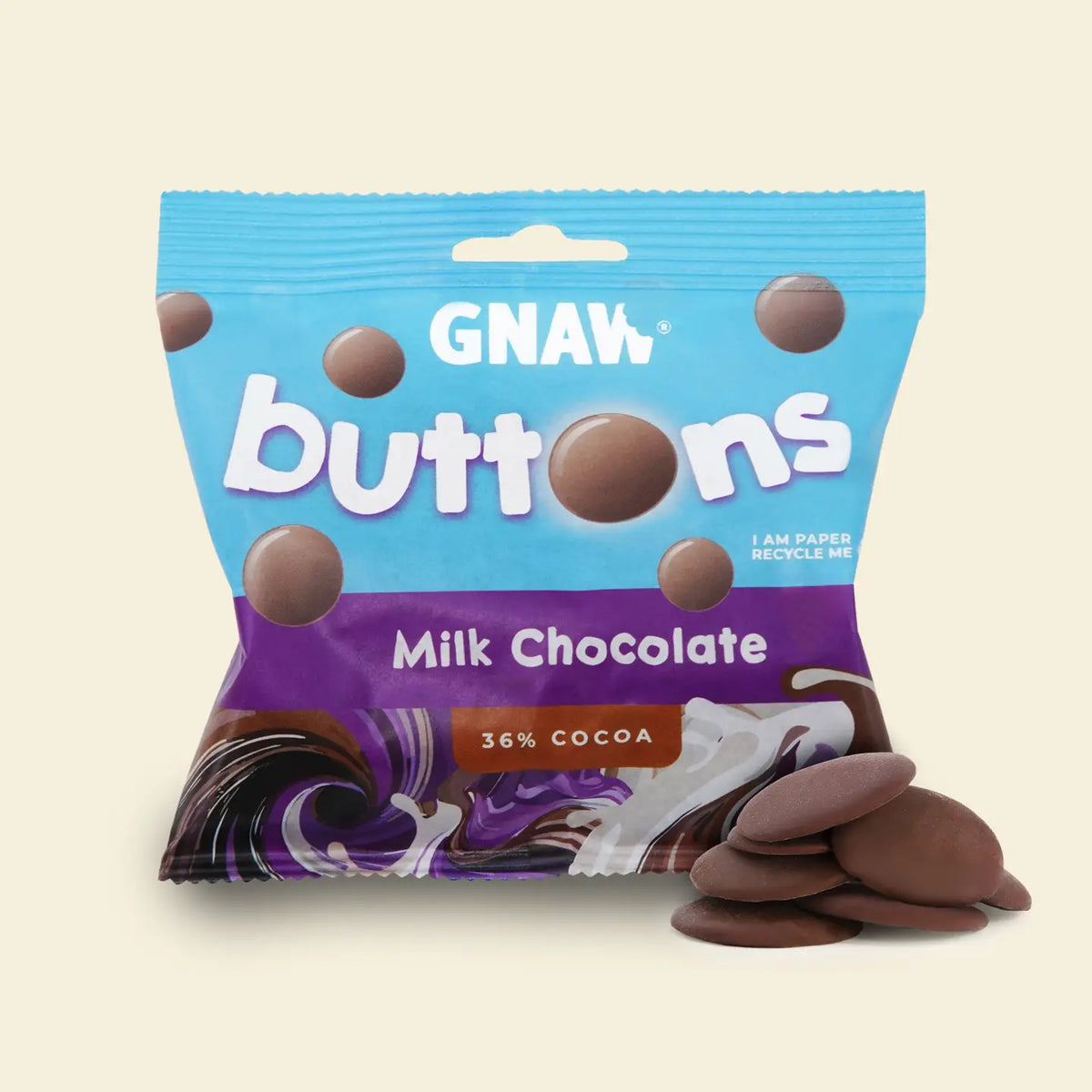 Packaging of milk chocolate buttons with a blue and purple design on a beige background