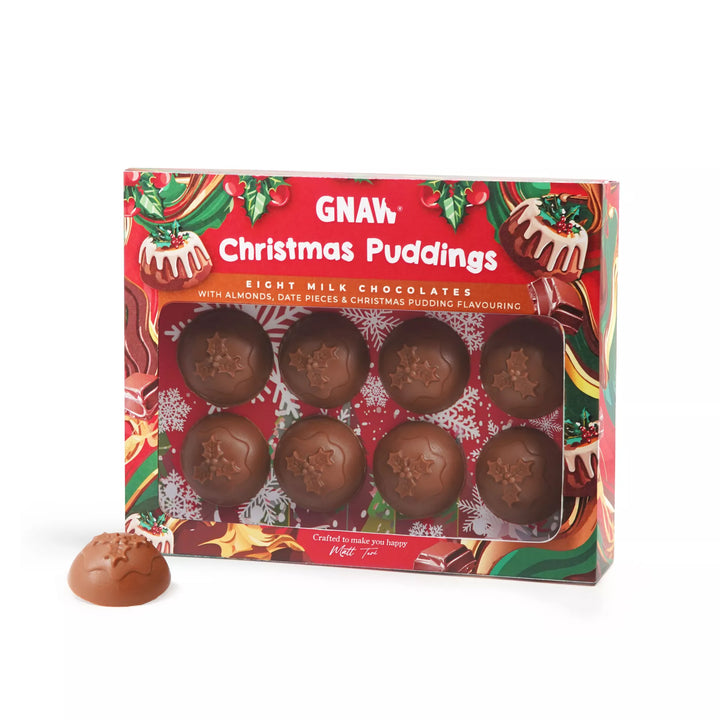 Box of GNAW Christmas Puddings with a red and green festive design on a  white background