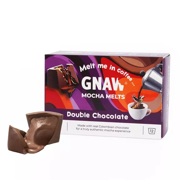 GNAW Mocha Melts chocolate shots with packaging on a white background
