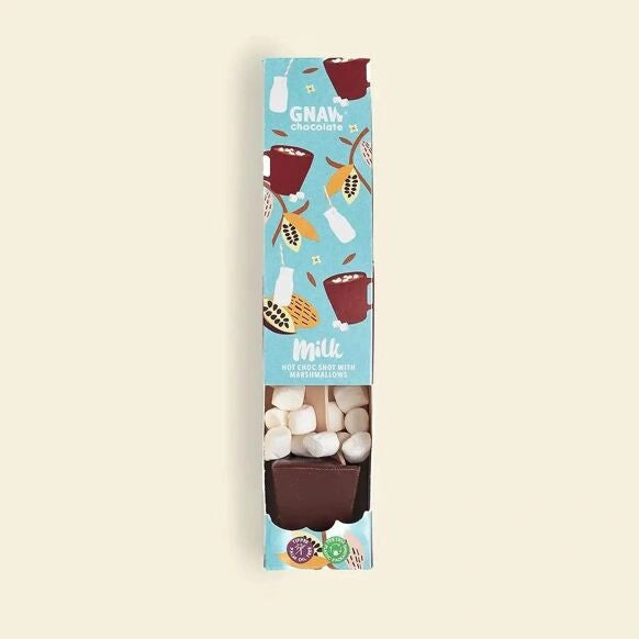 milk chocolate hot choc shot with marshmallows made by Gnaw chocolate. The hot chocolate stirrer comes in cute blue illustrated packaging and is perfect for gifting 