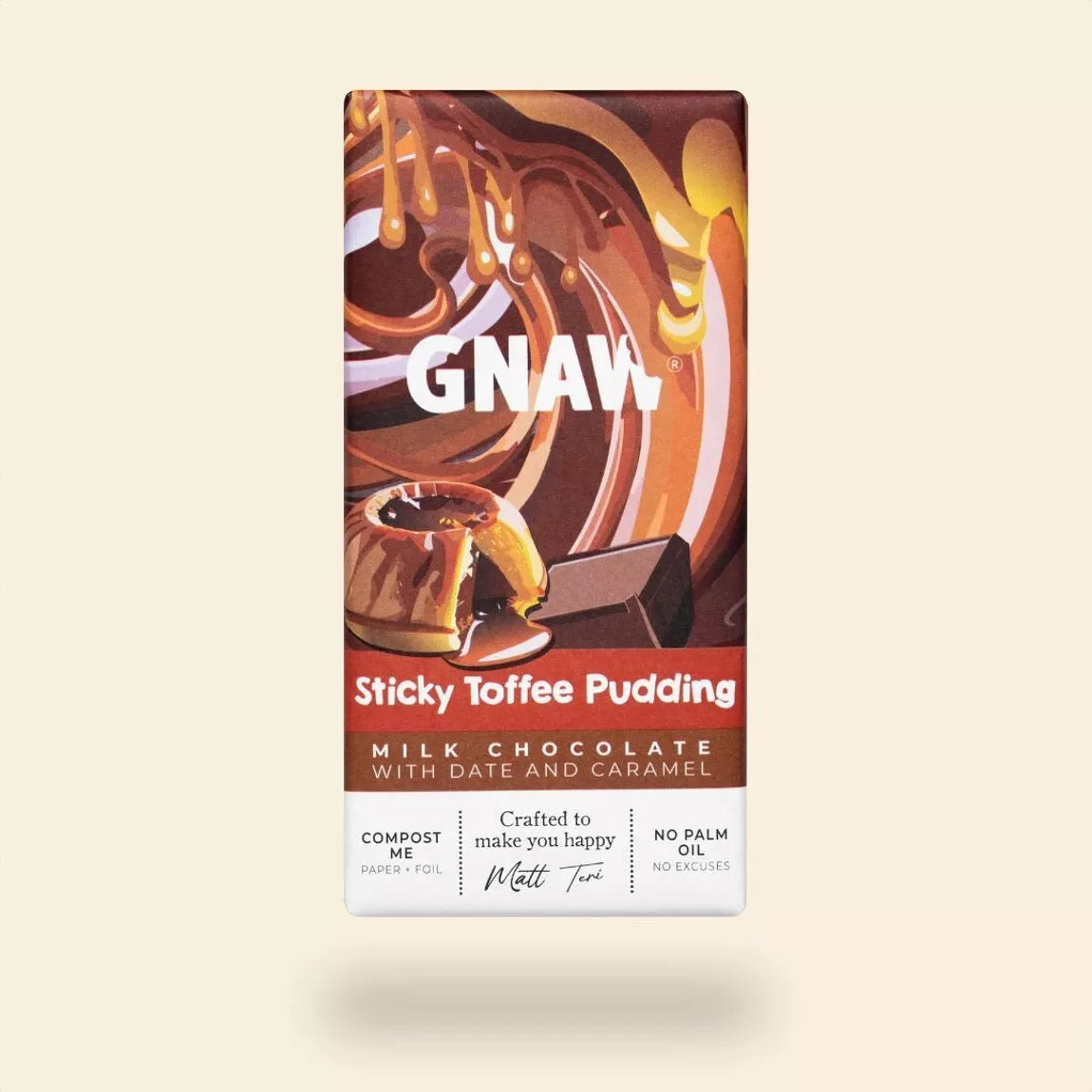 stick toffee pudding milk chocolate bar in a wrapper illustrated with a pudding and oozing caramel. 