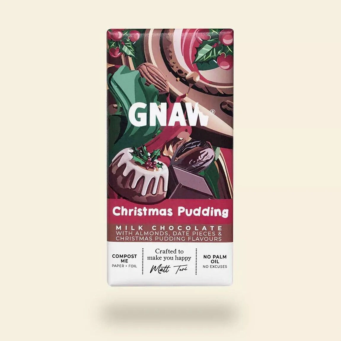 gnaw christmas pudding milk chocolate bar in paper packaging illustrated with holly and christmas puddings 
