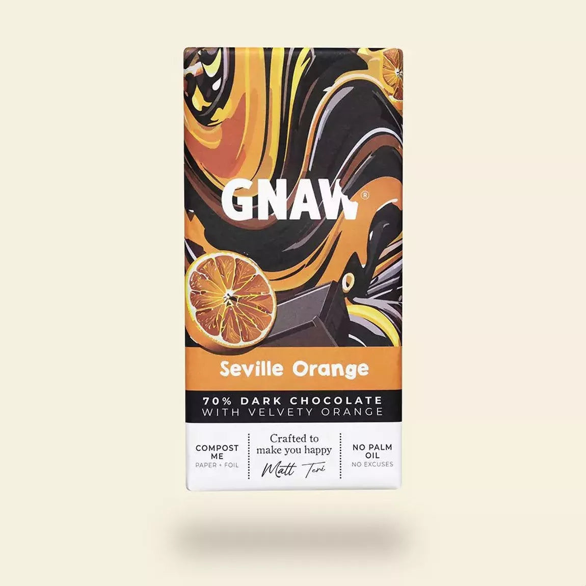 gnaw dark chocolate with seville orange. A giftable bar in an orange and black illustrated paper wrapper. 