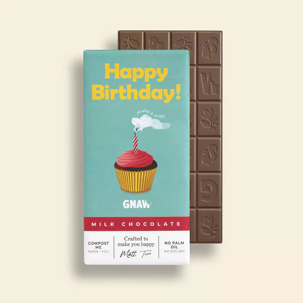 Happy Birthday Milk Chocolate Bar with a blue wrapper featuring a cupcake and happy birthday message. Made by Gnaw ethical chocolate.