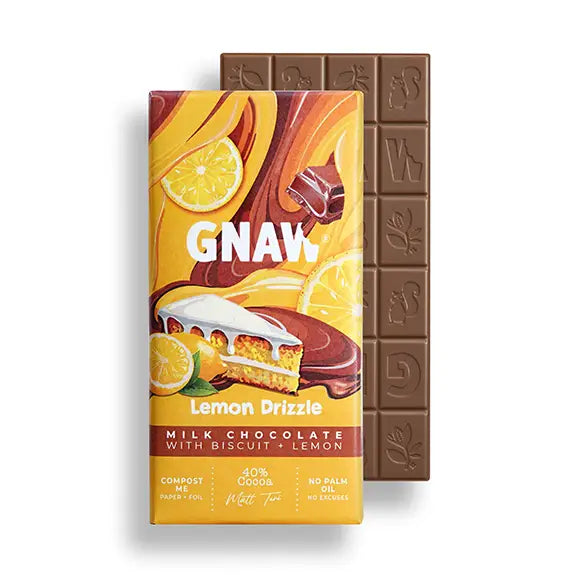 lemon drizzle milk chocolate bar with illustrated packaging 