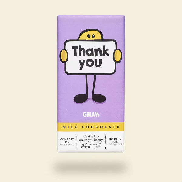 Gnaw Thank You Milk Chocolate Bar in a purple wrapper with a yellow stick man character holding up a thank you sign.