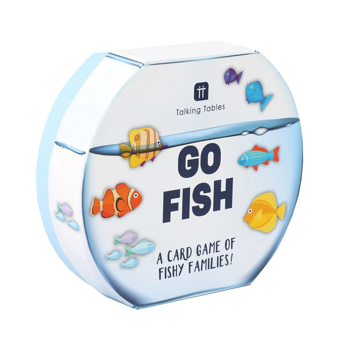 Card game packaging for 'Go Fish' with fish illustrations on a white background
