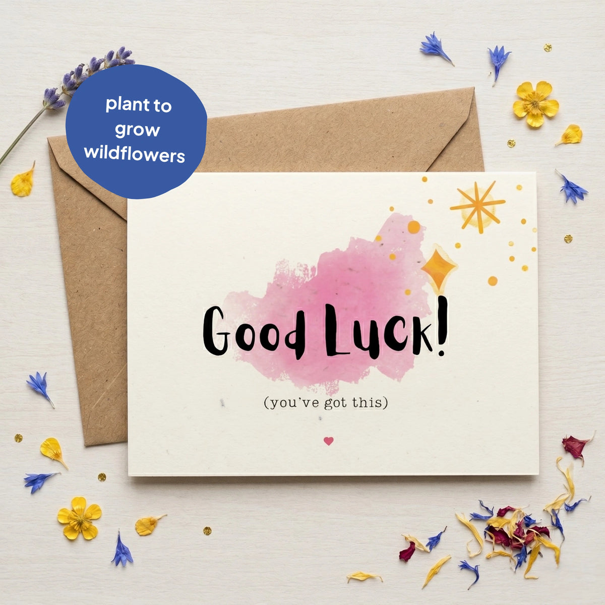 Good Luck card with pink watercolour design and text, surrounded by small flowers on a light background.