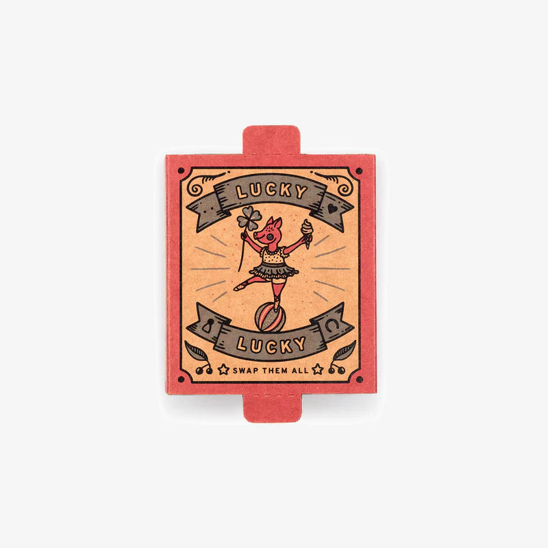 Red and orange box with 'Lucky' design on a white background