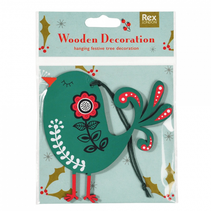 Green Wooden Bird Christmas Tree Decoration with scandi style painted details. The decoration is in a plastic packet with gold holly details. 