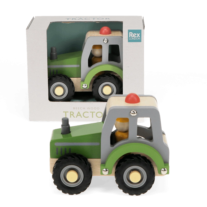 Green Wooden Tractor Push Along Vehicle with a wooden farmer and rubber wheels. Suitable from 12 months and over 