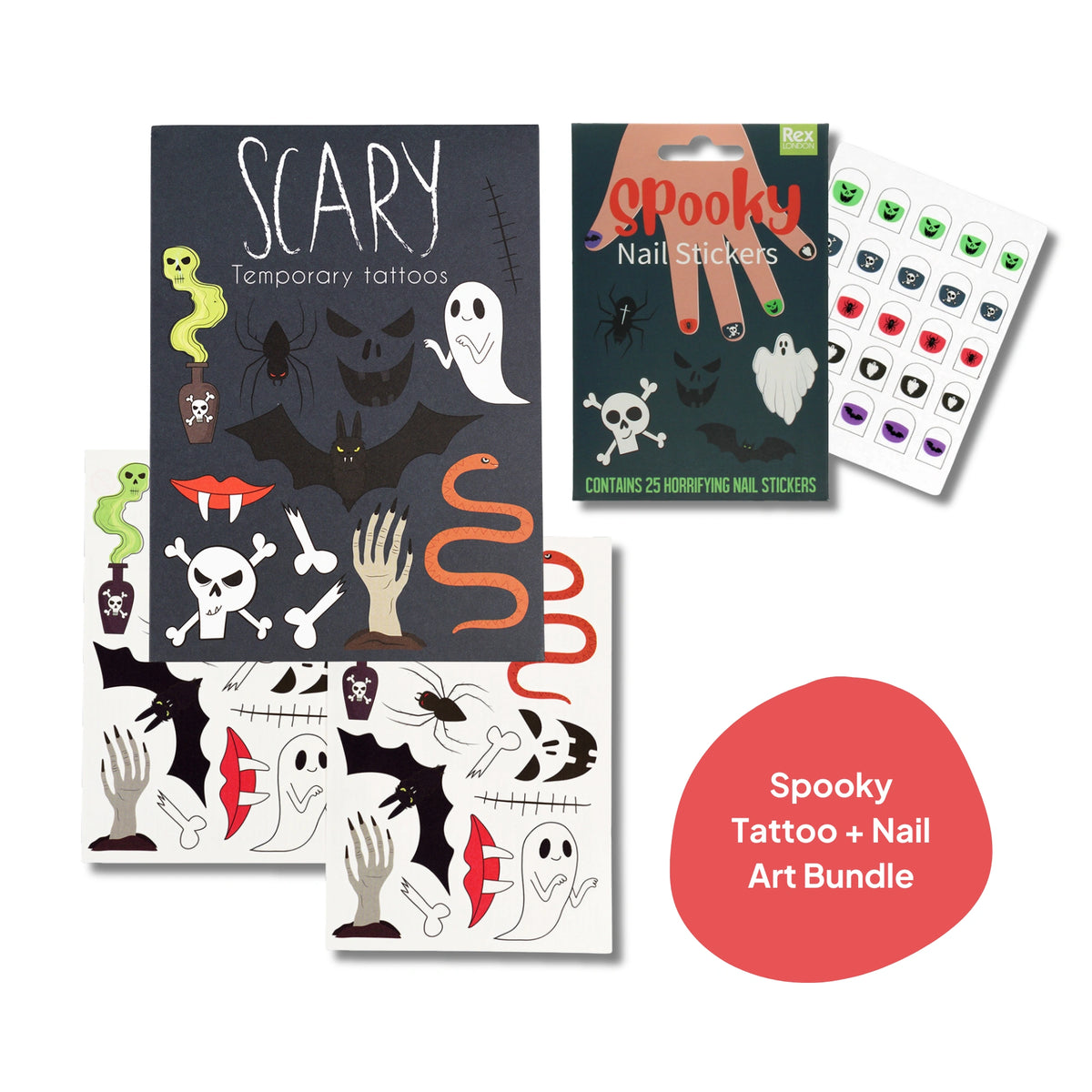Spooky tattoo and nail art bundle with temporary tattoos and nail stickers on a white background.