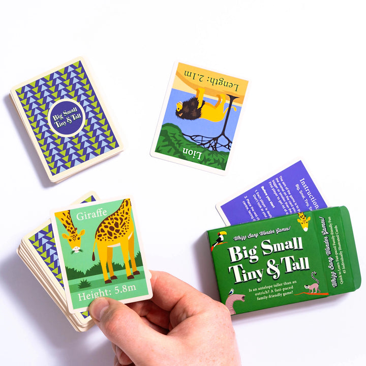 hand holding a deck of colourful cards with the Big Small Tiny &amp; Tall game box on a white surface